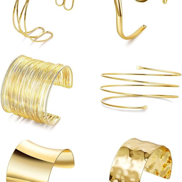 6 Pcs Gold Arm Cuff Bracelets for Women Adjustable Stylish Minimalist Bangles - Picture 1 of 6
